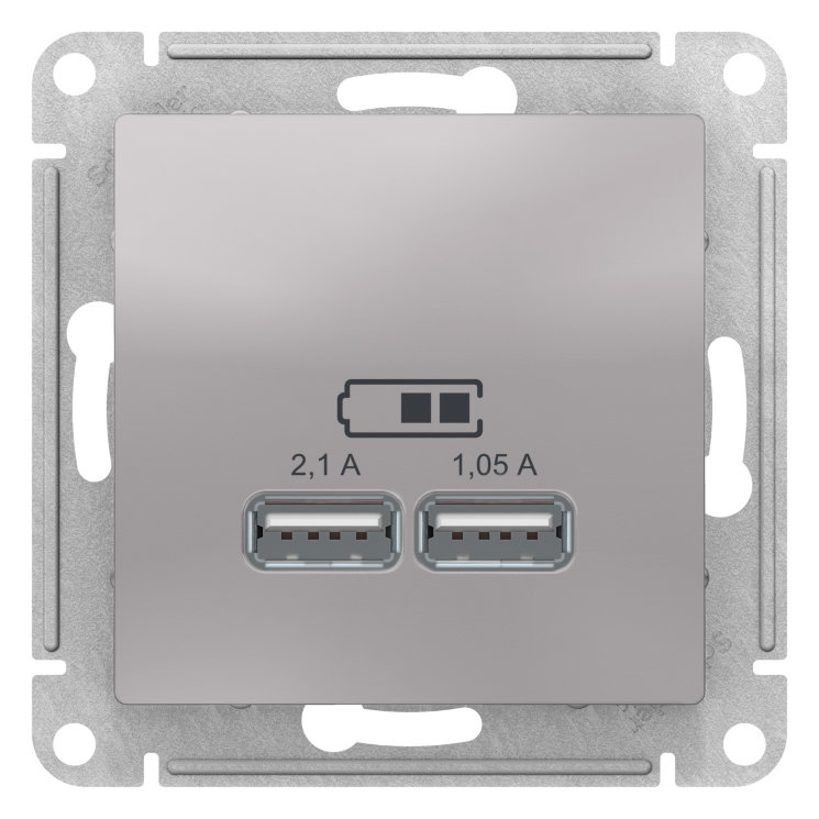 Розетка USB Schneider Electric AtlasDesign 5В, 1 порт-2,1А, 2й порт- 1,05А алюминевый