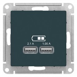 Розетка USB Schneider Electric AtlasDesign 5В, 1 порт-2,1А, 2й порт- 1,05А изумруд